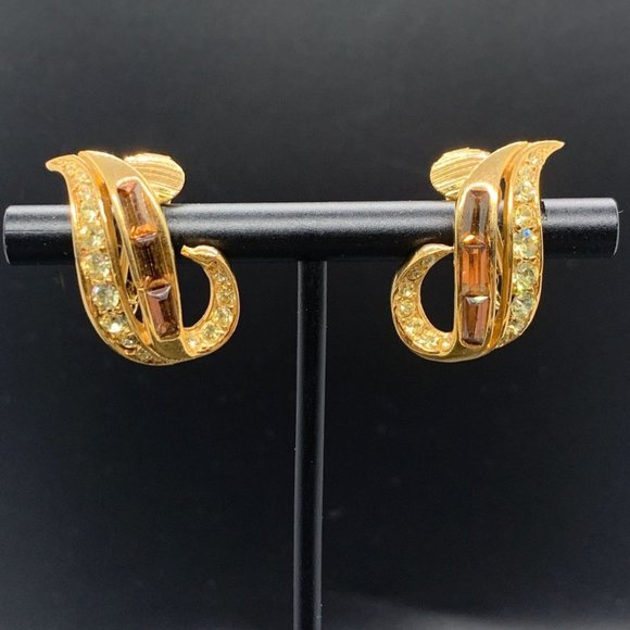 D'Orlan Jewelry - NOS D'Orlan Vintage Gold Plated Brown Crystal Baguette Clip On Earrings 1"